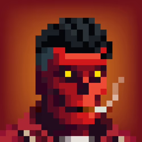 A pixel art portrait of a red-skinned character with glowing yellow eyes and black hair, smoking a cigarette against a dark orange background.