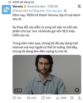 A Vietnamese-language X (Twitter) post from 'XION đã đăng lại Verona' (@verona_dev) dated 17/6/26 about XION becoming Verona and an 'ero' product launch, featuring a video thumbnail of a man.