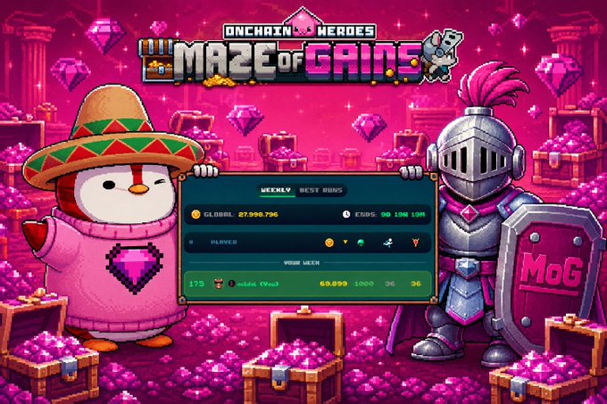 The image features a cartoon penguin wearing a pink sweater with a green diamond pattern holding up a sign that says "Maze of Gine" above his head. The background shows an abundance of pink diamonds, suggesting a theme related to mining or treasure hunting. A sword is also visible in the scene, adding to the adventurous atmosphere.