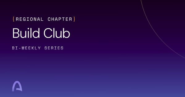 A dark purple gradient slide with the text '{REGIONAL CHAPTER} Build Club BI-WEEKLY SERIES' in white, featuring a stylized arch logo in the bottom left corner.