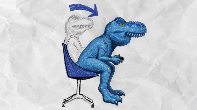 A blue T-Rex dressed as a gamer sits in a chair holding a controller, with a blue arrow pointing from a faded outline of the same dinosaur toward the full-colored version, illustrating a "glow-up" or transformation. The image relates to the post's message about "$fefer" memes locking in and leveling up, symbolizing the project's evolution and progress.