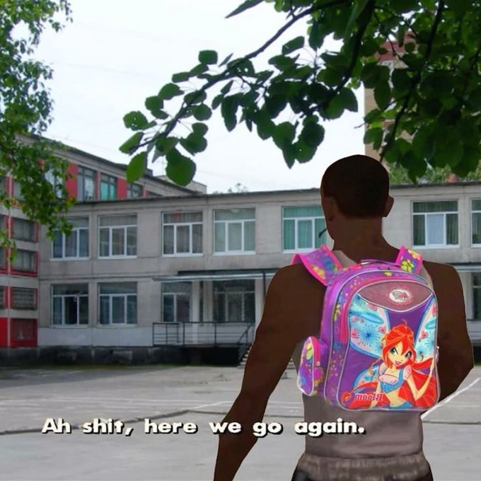 A 3D-rendered man seen from behind wears a bright pink backpack featuring a cartoon mermaid, standing in front of a school building with text reading 'Ah shit, here we go again.'