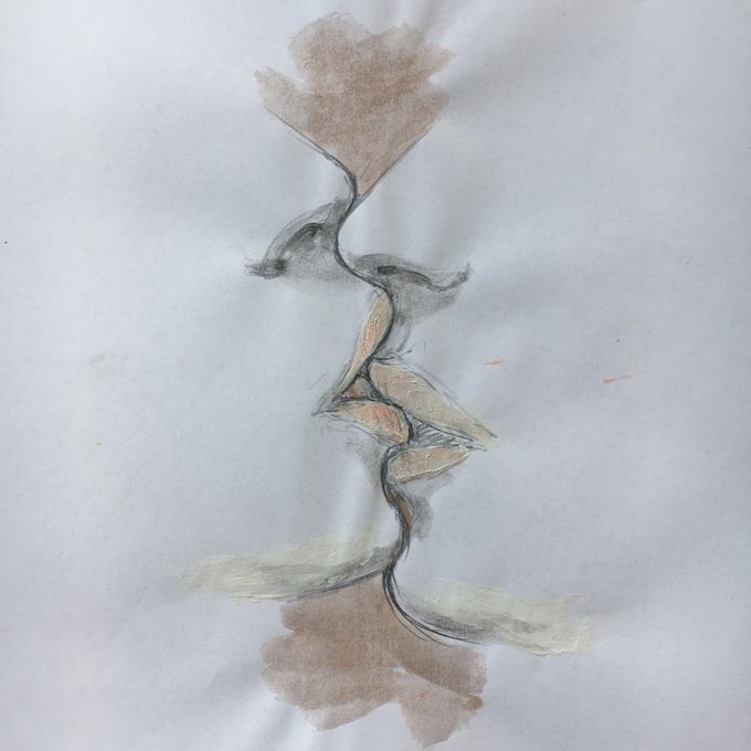 An abstract watercolor or ink sketch of a face with closed eyes, rendered in muted brown, gray, and skin tones on white paper.