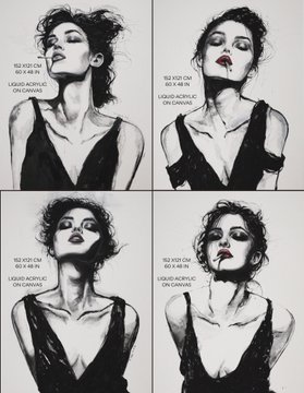 A 2x2 grid of black-and-white fashion photographs featuring a model with dark hair posing in a black top with liquid acrylic dripping effects.