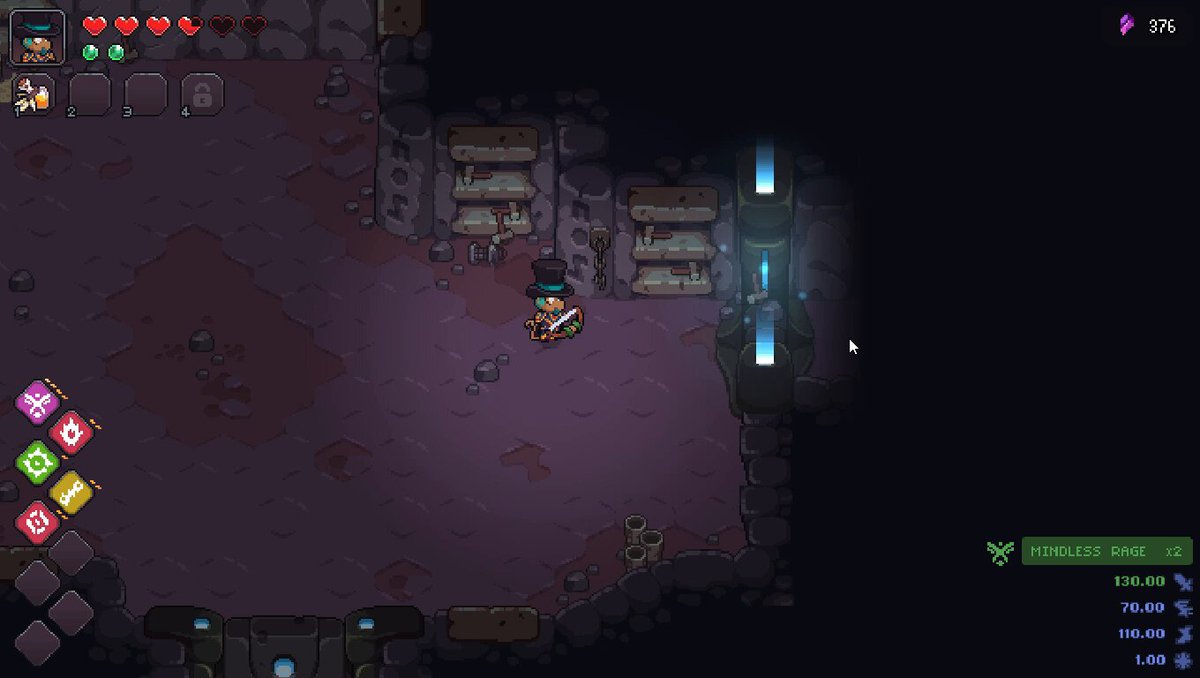 In the image, there are two characters standing in a dark room. One of them has a sword, while the other one does not. The character with the sword appears to be guarding something or someone, possibly a treasure or an important person. The background is dark and features a large stone wall on which the characters stand. There's also a small green screen that seems to be displaying some information related to the game.