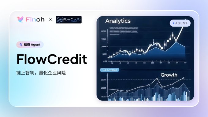 A promotional graphic for 'FlowCredit' featuring the Finch logo, with text in Chinese '链上智判，量化企业风险' (On-chain intelligent judgment, quantifying corporate risk), alongside analytics charts for Cryptos and Growth.