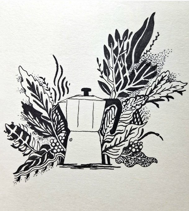 A black and white ink illustration of a moka pot surrounded by tropical leaves and foliage.