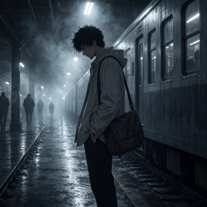A melancholic anime-style illustration depicts a dark-haired person with their head down, wearing a hooded jacket and carrying a messenger bag, standing alone on a foggy, rain-slicked train platform beside a train car.