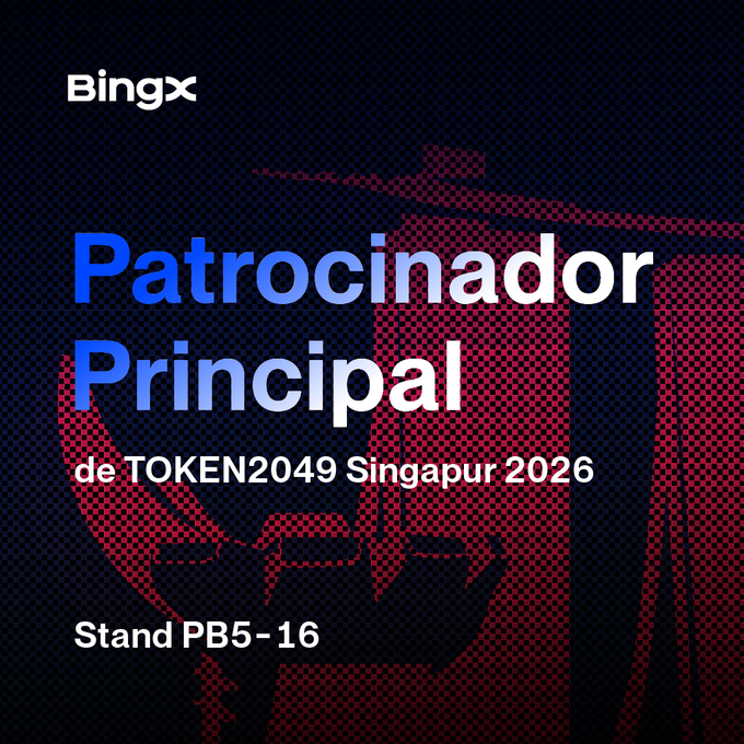 A promotional graphic for BingX announcing them as "Patrocinador Principal de TOKEN2049 Singapur 2026" (Main Sponsor of TOKEN2049 Singapore 2026) at Stand PB5-16.
