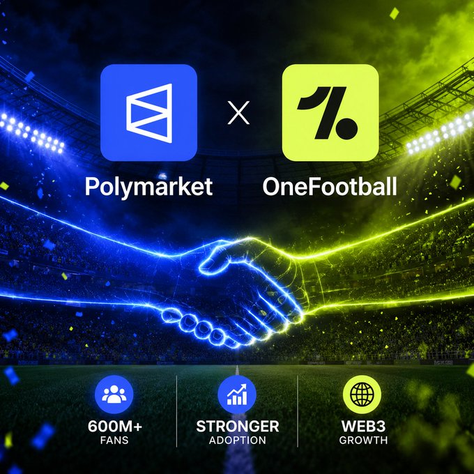 The image features two hands shaking hands against a backdrop of a stadium filled with people watching a soccer match. The text above the hands reads "Polymarket x OneFootball", while below them, there are logos for Polymarket and OneFootball. Additionally, there is a caption that says "600M fans will gain access to football prediction markets".