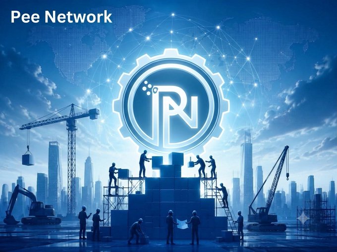 A blue-toned graphic showing construction workers and cranes building a glowing gear logo with 'R' inside, set against a world map background with 'Pee Network' text in the top left.