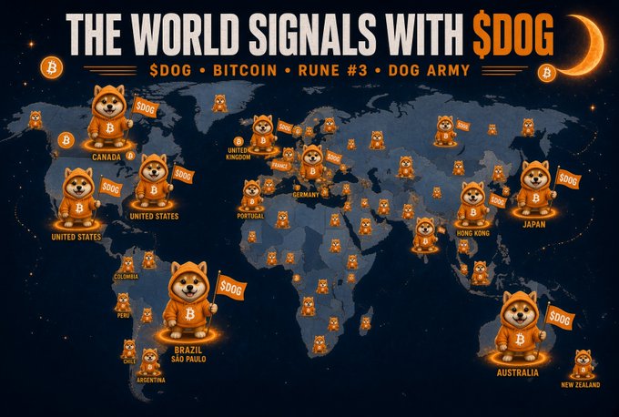 A promotional graphic titled 'THE WORLD SIGNALS WITH $DOG' shows Shiba Inu dog figures with '$DOG' flags distributed across a world map, with text 'BITCOIN • RUNE #3 • DOG ARMY'.