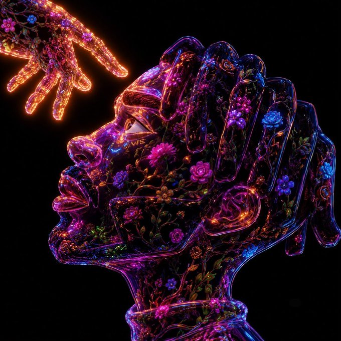 A vivid digital artwork depicting hands covering a face, rendered in glowing neon colors of pink, purple, and blue, intricately detailed with embedded flowers and vines against a black background.