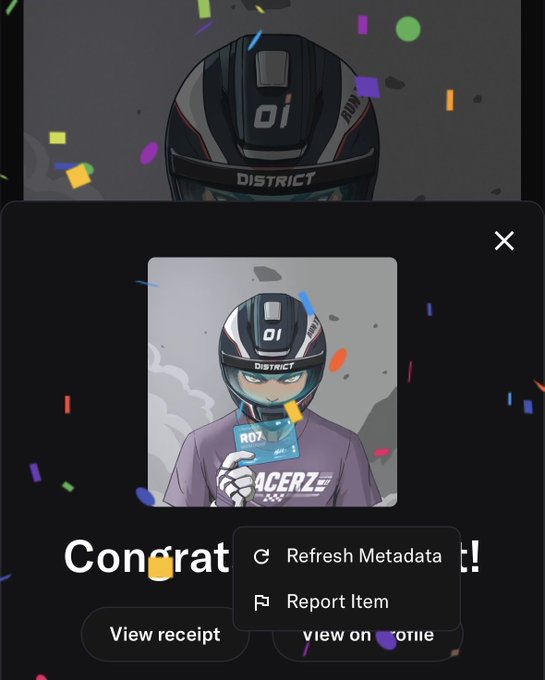 A digital image of a racer wearing a 'DISTRICT' helmet is displayed within an interface showing a 'Congratulations!' message, partially obscured by a dropdown menu with 'Refresh Metadata' and 'Report Item' options.