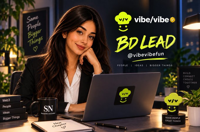 A promotional image for 'vibe/vibe' featuring a young woman at a laptop, with the text 'BD LEAD @vibevibefun' and 'PEOPLE | IDEAS | BIGGER THINGS' along with various branded stickers.