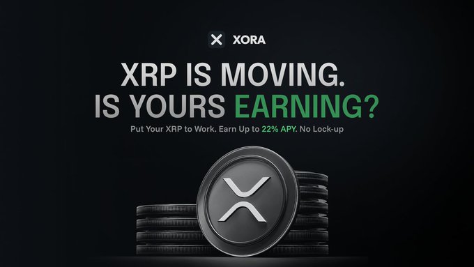 A digital advertisement for XORA featuring an XRP cryptocurrency coin with the text "XRP IS MOVING. IS YOURS EARNING? Put Your XRP to Work. Earn Up to 22% APY. No Lock-up".