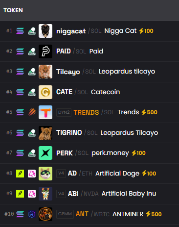 A cryptocurrency token rankings list showing the top 10 tokens, including #1 niggacat/SOL (Nigga Cat), #2 PAID/SOL, #3 Tilcayo/SOL, and #8 AD/ETH (Artificial Doge).