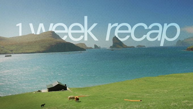 A scenic coastal landscape featuring green hills, turquoise water, and rocky islands with a small house, overlaid with the text '1 week recap'.