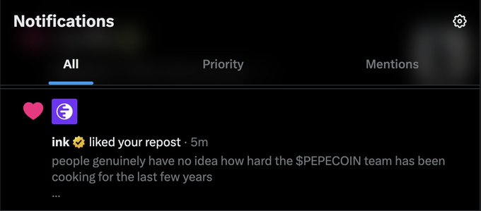 A social media notifications screen shows that user 'ink' liked a repost, with text reading 'people genuinely have no no idea how hard the $PEPECOIN team has been cooking for the last few years'.
