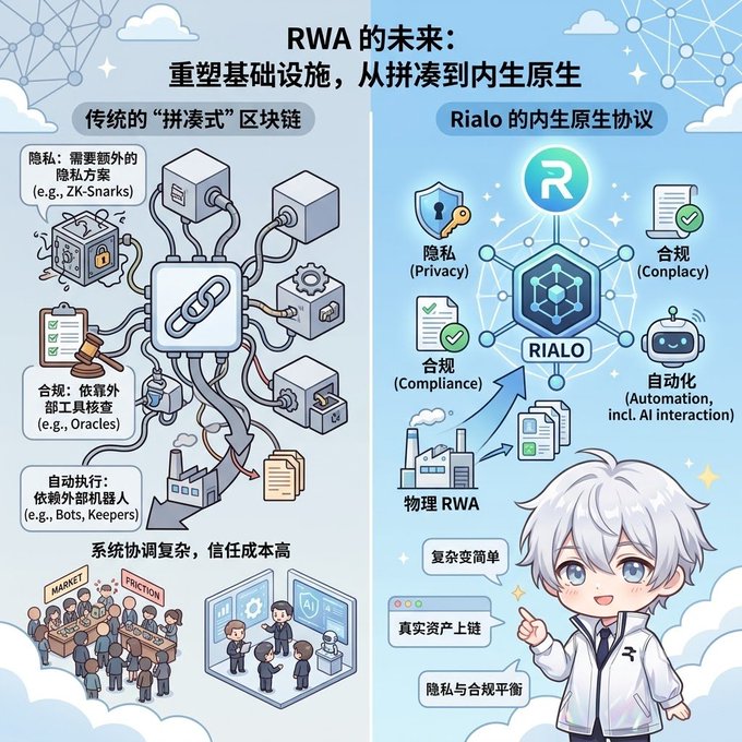 An infographic comparing traditional 'patchwork' blockchains to Rialo's native protocol, featuring a chibi character and Chinese text about RWA (Real World Assets) and infrastructure.