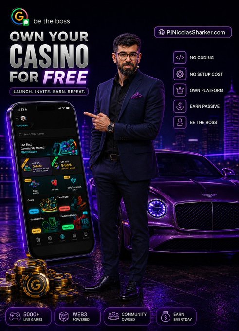A man in a suit stands beside a luxury purple car and gold coins, pointing toward a smartphone displaying a Web3 casino app, with promotional text reading "OWN YOUR CASINO FOR FREE" and highlighting features like "NO CODING," "NO SETUP COST," and "EARN PASSIVE." The image ties to the post's promotion of $G Coin as a utility token for next-gen Web3 gaming, inviting viewers to become "the boss" through the partner link pi-nicolas.sharker.com/partners.