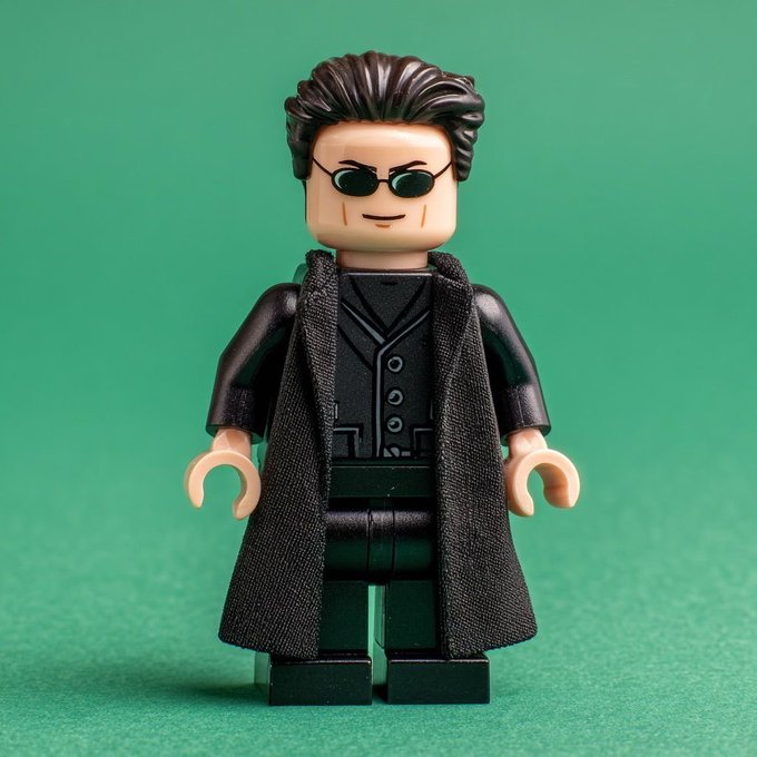 A stylized BrickHeadz-style toy figure of a man with slicked-back brown hair and sunglasses, wearing a black coat and suit.