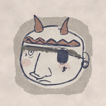 A simple line drawing of a character with horns, a patterned headband, and an eyepatch on a textured background.