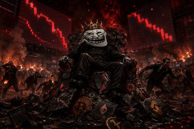 The image features a man sitting on a throne surrounded by rubble and debris, with smoke rising from the ground around him. The caption reads "My conviction never changed $TROLL leads the chaos. Next, the market." This suggests that the man is in control of a chaotic situation involving rubble and debris, possibly due to a riot or some other form of destruction. The presence of the word "$TROLL" implies that it could be related to a riot or conflict, while the phrase "next, the market" indicates that there might have been an economic event or crisis leading up to this chaotic situation.