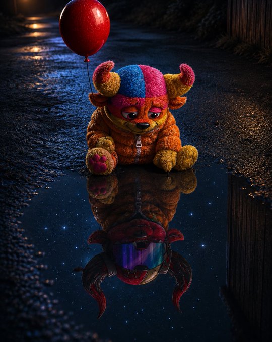 A sad-looking, plush-like creature with horns sits on a wet street holding a red balloon, its reflection visible in a puddle below.