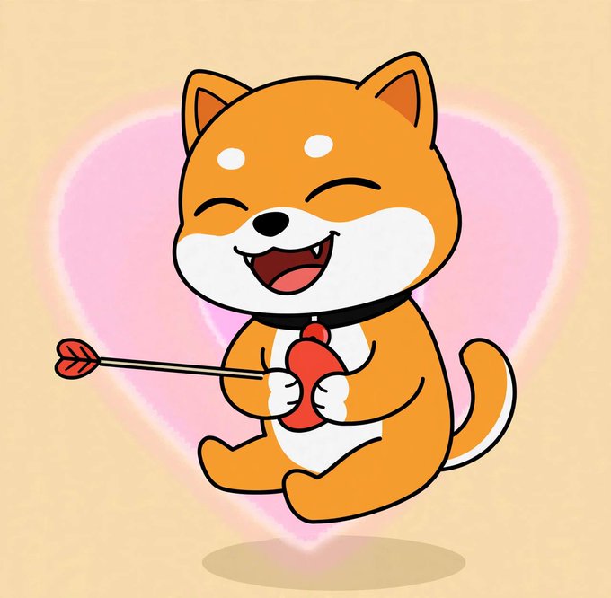 A cheerful, cartoon-style Shiba Inu dog sits happily holding a red heart pierced by an arrow, surrounded by a glowing pink heart-shaped aura. The image humorously illustrates the phrase "Straight through the heart," depicting the dog as being lovestruck or completely captivated by love.