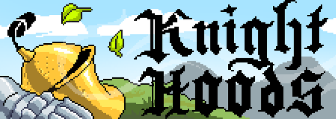 Pixel art style logo for "Knighty Noods" featuring a golden bell-shaped helmet or pot with leaves, set against a blue sky with clouds and mountains.