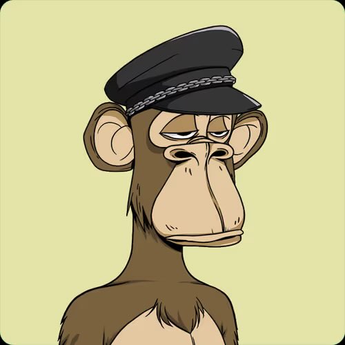 Digital illustration of a Bored Ape-style cartoon monkey wearing a black military-style cap with a silver chain, set against a pale yellow background.