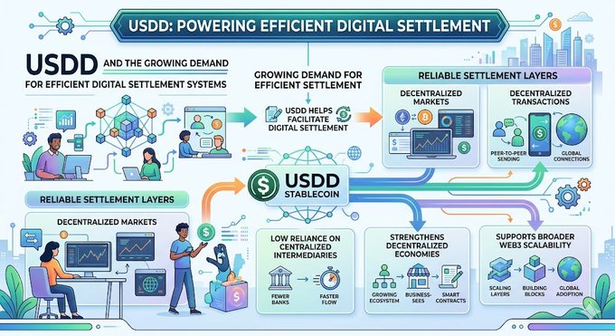 The image features a detailed flowchart illustrating the USDD's role as a provider of digital settlements and the growing demand for efficient settlement systems. The chart highlights the importance of stablecoins, which are used to facilitate secure and transparent transactions within the blockchain ecosystem. The flowchart also includes various elements such as people using their phones, computers, and other devices in different settings like homes or offices.