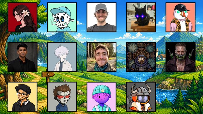 A collection of fifteen different profile pictures, including anime characters, a real person, and a black cat, displayed over a scenic landscape background.