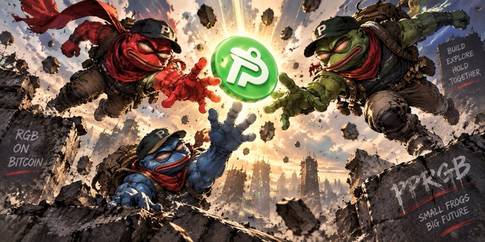 Promotional image for Peppa Inu ($PPRGB) featuring three Ninja Turtle-style frog characters reaching for a green coin logo, with text reading 'RGB on Bitcoin,' 'Build Explore Hold Together,' and 'Small Frogs Big Future.'