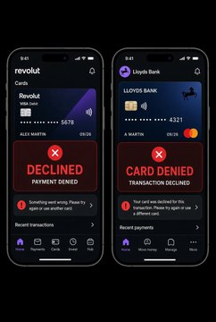 Two smartphone screenshots show Revolut and Lloyds Bank apps reporting failed payments and declined transactions amid reported outages. Revolut displays a balance of 5675, while Lloyds Bank shows 4321, alongside the Bitcoin app noted as working normally.