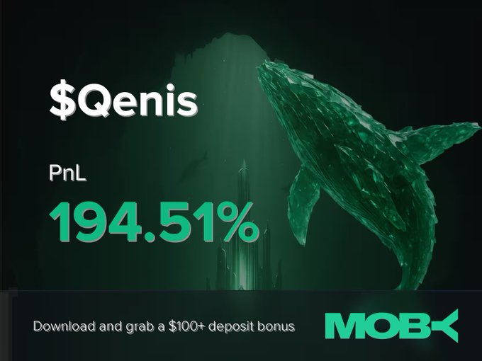 The image is a promotional graphic for Moby featuring a stylized whale underwater, showcasing a trading win alert with the ticker "$Qenis" and a PnL of 194.51%, along with a call-to-action to "Download and grab a $100+ deposit bonus" on the Moby platform.
