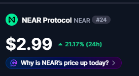 A price card for NEAR Protocol (NEAR) showing a current price of $2.99, up 21.17% (24h), ranked #24, with a link asking 'Why is NEAR's price up today?'