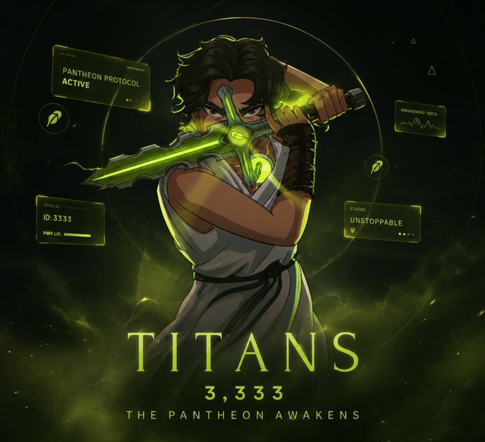 An anime-style illustration of a warrior holding a glowing green sword, with text displaying 'TITANS', '3,333', 'PANTHEON PROTOCOL ACTIVE', and 'STATUS UNSTOPPABLE'.