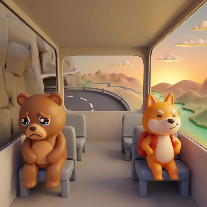 An animated illustration shows a sad brown bear and a happy Shiba Inu dog sitting on a bus driving through a mountainous landscape at sunset.