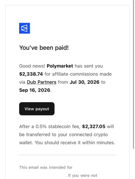An email notification from Polymarket announces a payout of $2,338.74 for affiliate commissions made via Dub Partners from Jul 30, 2026 to Sep 16, 2026, with $2,327.05 to be transferred after a 0.5% stablecoin fee.
