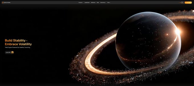 A dark website homepage for Sigma Money featuring a large planet/celestial body graphic with golden rings, displaying the tagline 'Build Stability - Embrace Volatility' and 'Fixed Engine Powered by Volatility Investing'.