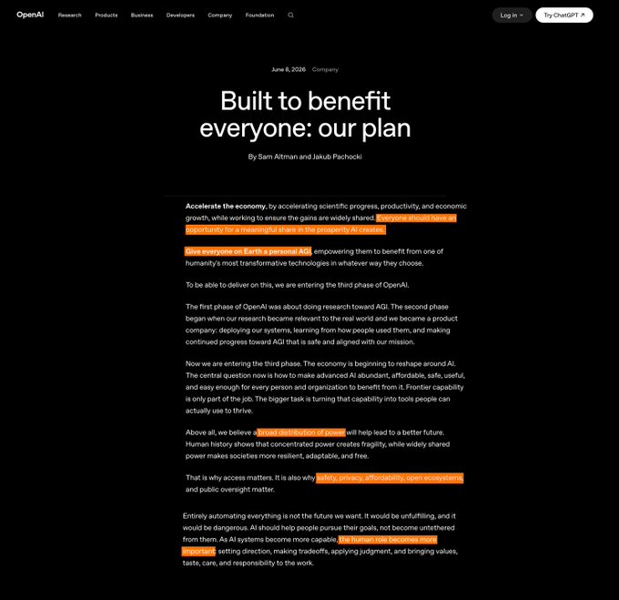 The image presents a webpage, which is black with orange text. The main content of the page appears to be an article titled "Built to benefit everyone; Our plan" written by Sam Altman. It highlights the importance of AI and the economy, stating that they are crucial for economic growth and development as well as ensuring job opportunities for everyone. The post also mentions the need for a broad distribution of AGIs across the globe, reflecting a vision for an inclusive and accessible technological future.