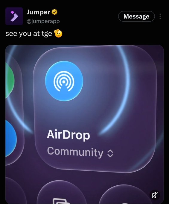 A social media post by Jumper (@jumperapp) saying "see you at tge" with a graphic showing an AirDrop Community app icon.