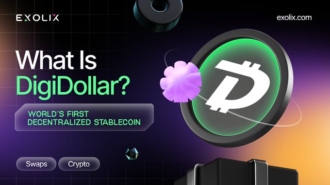 This promotional graphic asks "What Is DigiDollar?", highlighting it as the "WORLD'S FIRST DECENTRALIZED STABLECOIN" from EXOLIX. The "Thank you!" post likely expresses gratitude for the platform or information shared, as depicted in the image.