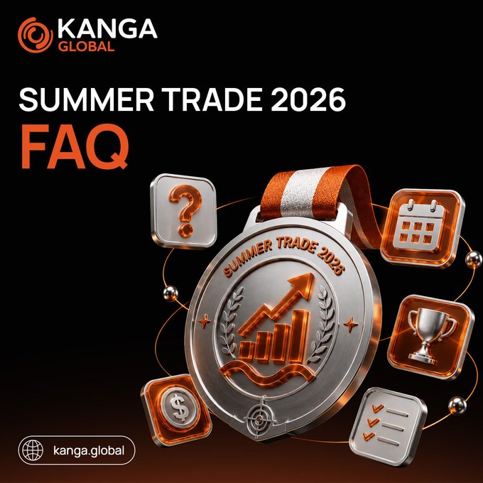 A promotional graphic for "KANGA GLOBAL" advertising a "SUMMER TRADE 2026 FAQ" featuring a silver medal and orange icons on a black background, with the URL "kanga.global."