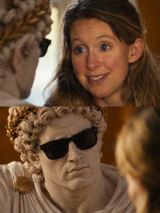 A two-panel image showing a smiling woman (top) and a classical statue wearing sunglasses (bottom) appearing to have a face-to-face conversation.