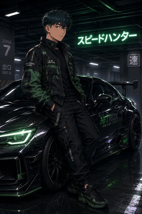 Anime-style illustration of a young man in a green and black racing jacket leaning against a black sports car with "NITROX RACE CLUB" branding, with Japanese text "スピードハンター" (Speed Hunter) and "速" visible on neon signs in a dimly lit garage.