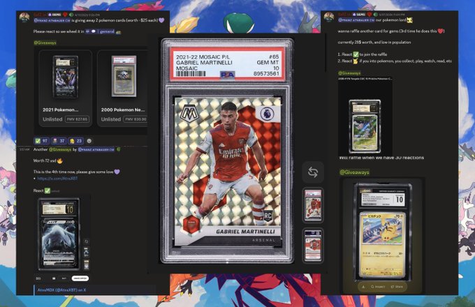 The image features an online store page dedicated to selling Pokémon cards, with various cards displayed on the screen. The text "Gems supporting GEMS" suggests that these cards are part of a larger collection or series. The post also mentions that the Pokémon master in GEM has given away a bunch of Pokémon cards for our community over the past few weeks, which adds to the excitement and popularity of the Pokémon card collection.