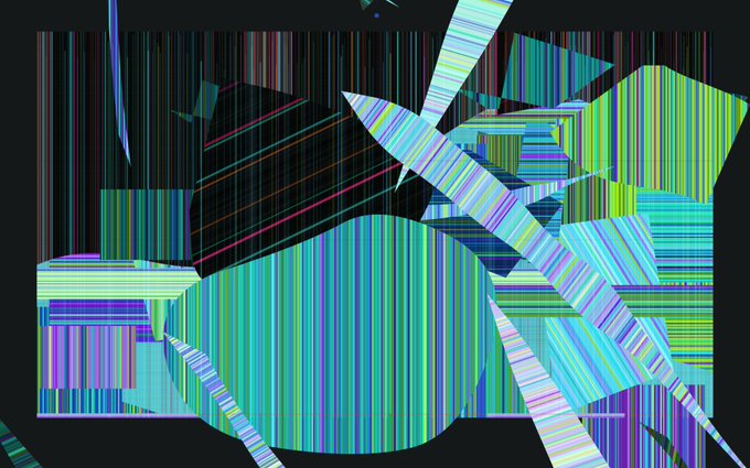 A glitchy digital artwork with vertical streaks of vibrant green, blue, purple, and red lines forming abstract geometric shapes against a black background.